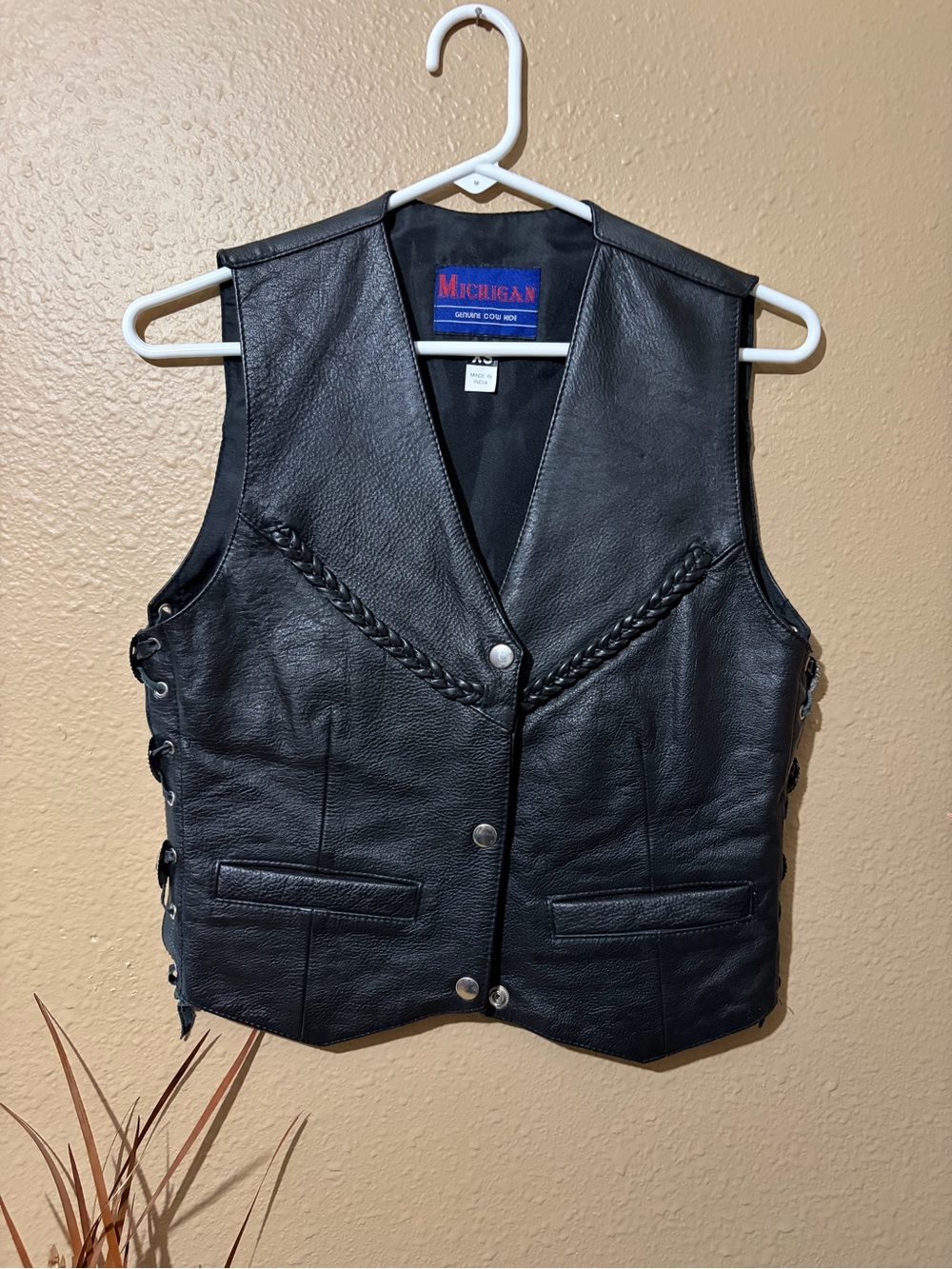 MICHI Black Leather Biker Vest with Braided Detail